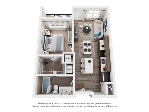 Floor plan for 1 bed, 1 bath, 686 sqft